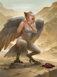 Rule 34 | 1girl, bird tail, bird wings, bracelet, breasts, earrings, fantasy, feather hair, harpy, jewelry, lips, monster girl, nude, original, outdoors, pointy ears, short hair, small breasts, solo, squatting, talons, wings