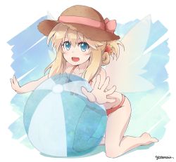 Rule 34 | 1girl, ball, beachball, bikini, blonde hair, blue eyes, collarbone, fairy wings, folded ponytail, gradient background, hat, highres, kneeling, lily white, open mouth, red bikini, signature, smile, solo, straw hat, swimsuit, touhou, wings, yutamaro