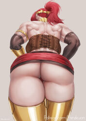 Rule 34 | 1girl, alternate muscle size, armlet, ass, backboob, bare shoulders, breasts, cropped legs, elbow gloves, forehead protector, from behind, gloves, huge ass, kuon (kwonchanji), laces, large breasts, miniskirt, muscular arms, muscular back, ponytail, pyrrha nikos, red hair, rwby, simple background, skirt, solo, standing, thick thighs, thighs