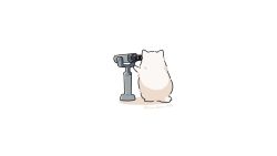 Rule 34 | animal, animal focus, arm up, artist name, binoculars, dog, facing away, fluffy, from behind, fuwa fuwa dog, no humans, original, paw up, shadow, simple background, solo, standing, tower viewer, twitter username, white background