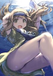 Rule 34 | 1girl, air bubble, blue one-piece swimsuit, blush, breasts, brown eyes, brown hair, bubble, ebizome, freediving, hairband, highres, i-26 (kancolle), kantai collection, large breasts, light brown hair, long hair, looking at viewer, name tag, new school swimsuit, ocean, one-piece swimsuit, open clothes, open mouth, sailor collar, school swimsuit, short sleeves, smile, solo, submerged, swimsuit, swimsuit under clothes, tri tails, two-tone hairband, two side up, underwater, water