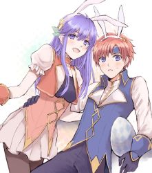 Rule 34 | 1boy, 1girl, animal ears, blue eyes, blue hair, blush, rabbit ears, rabbit tail, egg, fire emblem, fire emblem: the binding blade, fire emblem heroes, gloves, hair ornament, lilina (fire emblem), long hair, long sleeves, looking at viewer, nintendo, open mouth, pantyhose, purple eyes, purple hair, red hair, roy (fire emblem), simple background, skirt, smile, tail, white background, wspread