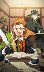 Rule 34 | 2boys, beard, book, brown eyes, brown hair, coffee, coffee cup, cup, disposable cup, edmond dantes (fate), facial hair, fate/grand order, fate (series), gloves, grey hair, highres, holding, holding plate, holding quill, indoors, ink, ink bottle, lamp, looking at another, memna (renka roll), multiple boys, open mouth, picture frame, plate, quill, short hair, sitting, smile, william shakespeare (fate), writing, yellow eyes