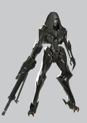 Rule 34 | armor, claws, full body, green eyes, grey background, gun, highres, hood, humanoid robot, looking at viewer, machinery, no humans, non-humanoid robot, original, pump (pumpqmuq), reverse-jointed legs, rifle, robot, simple background, solo, standing, weapon