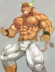 Rule 34 | 1boy, abs, american football uniform, animal ears, bara, brown eyes, brown fur, brown hair, bulge, cow ears, cow horns, cow tail, darlton, facial hair, feather necklace, feet out of frame, fiery horns, furrification, furry, furry male, glowing horns, goatee, grin, horns, large pectorals, looking at viewer, male focus, minotaur, muscular, muscular male, navel, navel hair, nipples, pants, pectorals, topless male, short hair, shorts, smile, solo, spiked hair, sportswear, stomach, tail, thick thighs, thighs, tight clothes, tight pants, tokyo houkago summoners, unfinished, wakan tanka, white shorts