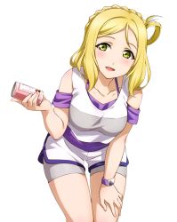 Rule 34 | 10s, 1girl, :d, blonde hair, collarbone, cowboy shot, grey shorts, hand on lap, highres, holding, leaning forward, long hair, looking at viewer, love live!, love live! school idol festival, love live! sunshine!!, ohara mari, open mouth, purple shirt, shirt, short shorts, shorts, sleeveless, sleeveless shirt, smile, solo, standing, transparent background, watch, white shirt, wristwatch, yellow eyes