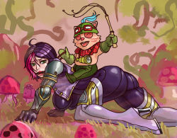 Rule 34 | 1girl, all fours, armor, ass, fiora (league of legends), from behind, gag, gauntlets, green eyes, league of legends, multicolored hair, pants, purple hair, red hair, short hair, shoulder armor, skin tight, smile, pauldrons, teemo, tight clothes, tight pants, yordle