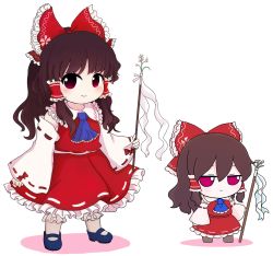 Rule 34 | 1girl, ascot, black footwear, blue ascot, bow, brown hair, closed mouth, detached sleeves, flower, full body, fumo (doll), gohei, hair bow, hakurei reimu, highres, holding, looking at viewer, medium hair, red bow, red eyes, red shirt, red skirt, rei (tonbo0430), shirt, simple background, skirt, smile, standing, touhou, white background, white flower, white legwear