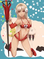 Rule 34 | 1girl, altera (fate), altera the santa (fate), animal, bare legs, bare shoulders, boots, breasts, cleavage, collarbone, dark-skinned female, dark skin, detached sleeves, earmuffs, fate/grand order, fate (series), full-body tattoo, full body, gloves, headdress, herigaru (fvgyvr000), highres, hip focus, holding, holding animal, holding weapon, leg tattoo, looking at viewer, midriff, navel, parted lips, photon ray (fate), pubic tattoo, red eyes, sheep, short hair, small breasts, solo, stomach tattoo, tagme, tan, tattoo, thighs, weapon, white hair