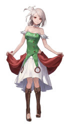Rule 34 | 1girl, absurdres, bare arms, bare shoulders, boots, brown footwear, choker, closed mouth, collarbone, dungeon and fighter, full body, green shirt, grey hair, highres, knee boots, korean commentary, long hair, looking at viewer, mac star, off-shoulder shirt, off shoulder, red eyes, red skirt, seria kirmin, shirt, simple background, skirt, smile, solo, strapless, strapless shirt, white background, white choker, white skirt
