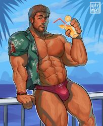 Rule 34 | 1boy, abs, absurdres, aqua shirt, artist name, bara, bare pectorals, black hair, chris redfield, closed mouth, cloud, cup, day, facial hair, hawaiian shirt, highres, holding, holding cup, large pectorals, male focus, male swimwear, muscular, muscular male, navel, nipples, outdoors, pectorals, red male swimwear, resident evil, resident evil village, shirt, short hair, sky, solo, thick thighs, thighs, waympo