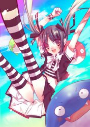 Rule 34 | &gt; &lt;, arms up, black eyes, black hair, bow, bracelet, closed eyes, cloud, dolfini, fang, gothic lolita, hair ribbon, jewelry, kooh, legs up, lolita fashion, long hair, miniskirt, navel, open mouth, pangya, panties, ribbon, skirt, solo, striped clothes, striped panties, striped thighhighs, thai text, thighhighs, twintails, underwear, upskirt