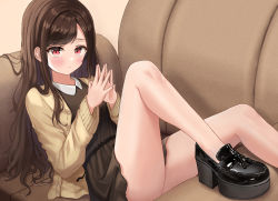 Rule 34 | 1girl, arms up, bare legs, black dress, black footwear, blush, brown cardigan, brown hair, cardigan, commentary request, couch, dress, foot out of frame, highres, knee up, long hair, long sleeves, looking at viewer, lying, on back, on couch, open cardigan, open clothes, original, own hands together, platform footwear, red eyes, shoes, solo, steepled fingers, ttusee5