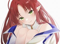 Rule 34 | 1girl, ahoge, arknights, blurry, blurry foreground, blush, detached collar, ear piercing, green eyes, highres, jacket, knees up, long hair, looking at viewer, myrtle (arknights), off shoulder, piercing, pointy ears, red hair, shirt, sleeveless, sleeveless shirt, smile, solo, wanko (yurika0320)