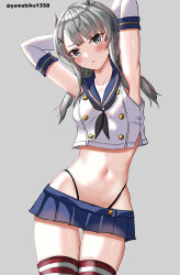 Rule 34 | 1girl, absurdres, armpits, arms behind head, arms up, black neckerchief, black panties, blue sailor collar, blue skirt, breasts, cosplay, crop top, elbow gloves, fake horns, gloves, grey eyes, grey hair, hair ornament, highleg, highleg panties, highres, horned headwear, horns, i-201 (kancolle), kantai collection, long hair, microskirt, mizuki (uzuki no sato), navel, neckerchief, panties, pleated skirt, sailor collar, shimakaze (kancolle), shimakaze (kancolle) (cosplay), skirt, small breasts, solo, striped clothes, striped thighhighs, thighhighs, thong, trait connection, underwear, white gloves, x hair ornament