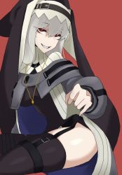 Rule 34 | 1girl, arknights, black dress, black thighhighs, capelet, clothes lift, dress, dress lift, garter straps, grey capelet, grin, habit, highres, lifting own clothes, looking at viewer, nun, red background, red eyes, sharp teeth, signal 1120, silver hair, simple background, smile, solo, specter (arknights), teeth, thighhighs