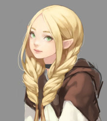 Rule 34 | 1girl, blonde hair, braid, choker, closed mouth, dungeon meshi, elf, eyelashes, facing viewer, fasces (jeson110), green eyes, grey background, hair over shoulder, hood, hood down, lips, long hair, looking at viewer, marcille donato, marushiru, parted bangs, pointy ears, simple background, sketch, smile, solo, twin braids, twintails, upper body