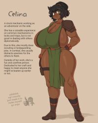 Rule 34 | 1girl, absurdres, black hair, boots, bracelet, breasts, brown background, brown footwear, brown gloves, celina (sosoni), character name, character profile, character sheet, closed mouth, commentary, curvy, dark-skinned female, dark skin, dress, english commentary, english text, fingerless gloves, gloves, green dress, green eyes, high ponytail, highres, huge breasts, jewelry, necklace, original, pelvic curtain, pouch, short hair, sideboob, single shoulder pad, smile, solo, sosoni, thick thighs, thigh pouch, thigh strap, thighs, thumbs up, wide hips