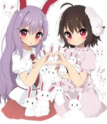 Rule 34 | 2girls, ahoge, animal ears, bad id, bad pixiv id, black hair, closed mouth, collared shirt, cowboy shot, dress, floppy ears, hair between eyes, heart, heart hands, heart hands duo, highres, inaba mob (touhou), inaba tewi, looking at viewer, multiple girls, necktie, open mouth, pink dress, poco (zdrq3), rabbit, rabbit ears, red eyes, red neckwear, reisen udongein inaba, shirt, short hair, short sleeves, simple background, smile, standing, too many, too many rabbits, touhou, white background, white shirt
