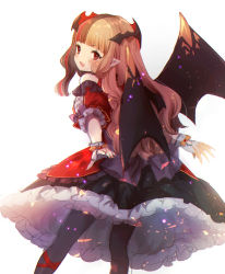 Rule 34 | 1girl, :d, bat wings, black pantyhose, black skirt, black wings, blunt bangs, blush, brown hair, character request, chromatic aberration, commentary request, cryptract, detached sleeves, fang, fingerless gloves, fingernails, frilled skirt, frills, gloves, highres, kikka (kicca choco), long hair, looking at viewer, looking back, multicolored hair, nail polish, open mouth, pantyhose, puffy short sleeves, puffy sleeves, red eyes, red hair, red nails, red shirt, red sleeves, shirt, short sleeves, simple background, skirt, sleeveless, sleeveless shirt, smile, solo, streaked hair, two-tone hair, very long hair, white background, white gloves, wings