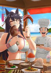 Rule 34 | 1boy, 1girl, absurdres, alternate costume, animal ears, bandaid, bandaid on face, beach, bikini, bracelet, breasts, brown eyes, brown hair, chef, chef hat, cleavage, commentary request, commission, covered erect nipples, crossover, eating, food, fork, hair between eyes, ham, hat, highres, holding, holding food, holding tray, horse ears, horse girl, ice cream, jewelry, kantou rengou, komatsu (toriko), large breasts, long hair, meat, narita brian (umamusume), one eye closed, open mouth, outdoors, photoshop (medium), revision, skeb commission, smile, soup, swimsuit, toriko (series), tray, umamusume, upper body