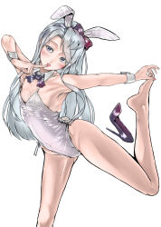 Rule 34 | absurdres, animal ears, bare legs, breasts, character name, dated, detached collar, finger to mouth, goushougun-sensei, grey hair, highres, kantai collection, leotard, long hair, playboy bunny, purple eyes, rabbit ears, rabbit tail, sagiri (kancolle), shoes, unworn shoes, small breasts, tail, wrist cuffs
