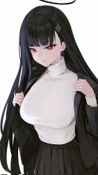 Rule 34 | 1girl, :o, black hair, black jacket, black skirt, blazer, blue archive, breasts, halo, highres, image sample, indoors, jacket, large breasts, long hair, looking at viewer, open clothes, open jacket, red eyes, ribbed sweater, rio (blue archive), skirt, solo, straight hair, sweater, tem (tempainting1), twitter sample, undressing, very long hair, white background, white sweater