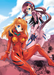 Rule 34 | 10s, 2girls, arm support, arms at sides, ass, bandages, blue eyes, blush, bodysuit, bracer, breasts, breasts out, brown hair, closed mouth, cloud, day, evangelion: 3.0 you can (not) redo, eyepatch, finger to face, floating hair, from behind, from side, glasses, gloves, grin, hair ornament, hair over one eye, hairband, hasei agana, head tilt, headgear, impossible bodysuit, impossible clothes, knee up, kneeling, large breasts, light smile, long hair, looking at viewer, looking back, low twintails, makinami mari illustrious, multiple girls, neon genesis evangelion, nipples, one breast out, orange hair, outdoors, parted bangs, pilot suit, plugsuit, public indecency, public nudity, puffy nipples, purple hair, rebuild of evangelion, red-framed eyewear, ruins, shiny clothes, sideboob, sidelocks, sitting, skin tight, sky, smile, souryuu asuka langley, tape, thigh gap, turtleneck, twintails, two side up