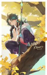 Rule 34 | 1boy, arm tattoo, bead necklace, beads, black hair, facial mark, forehead mark, genshin impact, gloves, green hair, happy birthday, highres, holding, holding polearm, holding weapon, in tree, jewelry, leaf, male focus, multicolored hair, necklace, orange eyes, polearm, primordial jade winged-spear (genshin impact), simple background, solo, squatting, tassel, tattoo, tree, twitter username, weapon, wmlothx, xiao (genshin impact)