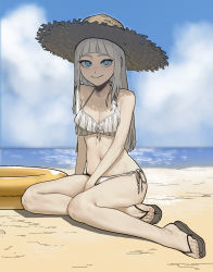 Rule 34 | 1girl, bare shoulders, beach, bikini, blue eyes, blue sky, blunt bangs, breasts, character request, cleavage, closed mouth, cloud, cloudy sky, collarbone, flip-flops, full body, gogalking, grey hair, hat, highres, innertube, legs, long hair, looking at viewer, navel, ocean, original, outdoors, sand, sandals, shaded face, sidelocks, sitting, sky, small breasts, smile, solo, stomach, straw hat, swim ring, swimsuit, toenails, white bikini