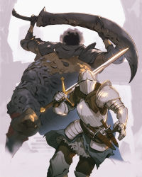 Rule 34 | 2others, armor, arms up, ashen one (dark souls 3), brown pants, claymore (sword), dagger, dark souls (series), dark souls iii, fat, fat man, full armor, gauntlets, greatsword, greaves, harald legion knight, headless, helmet, highres, holding, holding sword, holding weapon, jiro (ninetysix), knife, knight, long sword, multiple others, outdoors, over shoulder, pants, running, shield, shoulder armor, stairs, sword, weapon, weapon over shoulder