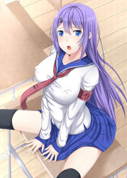 Rule 34 | 1girl, armband, bad id, bad pixiv id, black thighhighs, blue eyes, blush, breasts, covered erect nipples, desk, hair ornament, hairclip, kaeru no ashi, large breasts, long hair, looking up, on desk, original, purple hair, sitting, on desk, skirt, solo, thighhighs