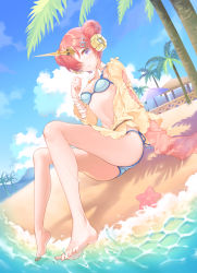 Rule 34 | 1girl, asymmetrical sleeves, bad id, bad pixiv id, bandaged arm, bandages, barefoot, beach, bikini, bikini under clothes, blue bikini, blue sky, breasts, cloud, commentary request, day, double bun, dutch angle, fate/grand order, fate (series), feet, fence, frankenstein&#039;s monster (fate), frankenstein&#039;s monster (swimsuit saber) (fate), frankenstein&#039;s monster (swimsuit saber) (first ascension) (fate), hair bun, hair ornament, hair over one eye, hand up, highres, horns, jacket, legs, long sleeves, looking at viewer, navel, open clothes, open jacket, outdoors, palm tree, parted lips, pink hair, purple eyes, sand, servant (fate), shiosoda, side bun, single horn, sitting, sky, sleeves past fingers, sleeves past wrists, small breasts, solo, starfish, swimsuit, swimsuit cover-up, toenails, toes, tree, uneven sleeves, water, yellow jacket