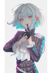 Rule 34 | 1boy, absurdres, aiguillette, androgynous, aqua hair, ascot, belt, biting, black gloves, bob cut, colored inner hair, earrings, epaulettes, floating hair, frilled sleeves, frills, glove biting, glove in mouth, gloves, grey background, grey hair, hands up, highres, jacket, jewelry, lio fotia, looking at viewer, male focus, mouth hold, multicolored hair, multiple belts, promare, purple eyes, purple jacket, removing glove, short hair, single glove, solo, sparkle, tamaki (tamaki599), triangle earrings, two-tone hair, upper body, w arms, white ascot