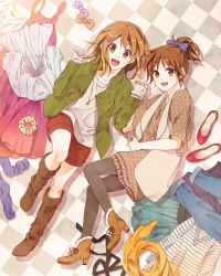 Rule 34 | 2girls, :d, bad id, bad pixiv id, black pantyhose, blouse, boots, bow, brown eyes, brown hair, casual, checkered floor, clothes, clothes on floor, dress, floor, from above, hair bow, high heels, highres, hirasawa ui, hirasawa yui, holding hands, jewelry, k-on!, knee boots, legs, lying, multiple girls, nagi kanami, on back, on side, open mouth, pantyhose, pendant, polka dot, ponytail, ribbon, scarf, shadow, shirt, shoes, short hair, shorts, siblings, sisters, skirt, smile, striped, sweater