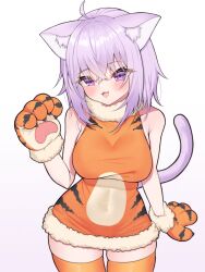 Rule 34 | 1girl, 2022, ahoge, animal ear fluff, animal ears, animal hands, animal print, bare shoulders, blush, breasts, cat ears, cat girl, cat tail, chinese zodiac, commentary, covered navel, cowboy shot, crossed bangs, curvy, dress, fang, fur-trimmed dress, fur trim, gloves, gradient background, hair between eyes, highres, hololive, large breasts, looking at viewer, maru039, medium hair, nekomata okayu, open mouth, orange dress, orange thighhighs, paw gloves, print dress, purple background, purple eyes, purple hair, short dress, skindentation, solo, tail, taut clothes, taut dress, thighhighs, tiger paws, tiger print, virtual youtuber, year of the tiger