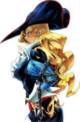 Rule 34 | 1girl, bengus, blonde hair, breasts, buttons, capcom, chain, earrings, from side, hat, jewelry, large breasts, long hair, long sleeves, marvel vs. capcom, marvel vs. capcom 2, pearl earrings, pirate hat, profile, ruby heart, simple background, sleeve cuffs, solo, upper body, white background