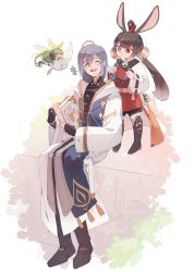 Rule 34 | 1boy, 1girl, animal ears, black hair, cannae le fey, dongbaegsi, closed eyes, fairy, fairy wings, full body, green hair, grey eyes, grey hair, heterochromia, highres, long hair, looking at another, lord of heroes, mei ling qiao, mei ling qiao (fire), pale skin, rabbit ears, rabbit girl, red eyes, rouin (lord of heroes), short hair, smile, twintails, wings