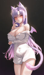 Rule 34 | 1girl, absurdres, ame 816, animal ear fluff, animal ears, arm under breasts, bat wings, breast hold, breasts, brown background, button gap, cat ears, cat tail, cleavage, commission, cowboy shot, dress shirt, hand up, highres, horns, index finger raised, large breasts, light particles, long hair, long sleeves, mole, mole under eye, naked shirt, navel, off shoulder, original, parted lips, pink hair, pink wings, red eyes, shirt, sidelocks, tail, thighs, translucent, white shirt, wings