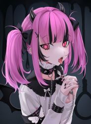 Rule 34 | 1girl, black hair, bow, chain, choker, collar, cross, demon girl, demon horns, demon wings, english text, highres, horns, inverted cross, jewelry, looking to the side, multicolored hair, nail polish, necklace, ompf, original, own hands clasped, own hands together, pale skin, piercing, pink eyes, pink hair, profanity, ribbon, tongue, tongue out, twintails, wings, yami kawaii