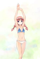 Rule 34 | 1girl, armpits, arms up, bikini, black eyes, blue bikini, breasts, closed mouth, commentary request, gluteal fold, hair tie, highres, ikeda jun (mizutamari), long hair, looking at viewer, low twintails, mismatched bikini, navel, original, redrawn, small breasts, smile, solo, standing, swimsuit, thigh gap, twintails, white bikini