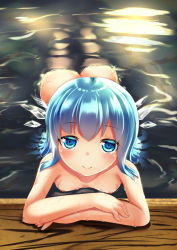 Rule 34 | 1girl, arm rest, ass, bath, blue eyes, blue hair, blush, breasts, cirno, collarbone, crossed arms, highres, ice, ice wings, kirimori toya, long hair, looking at viewer, matching hair/eyes, moonlight, nipples, nude, onsen, partially submerged, reflection, ripples, small breasts, smile, solo, touhou, wet, wings