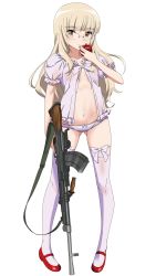 Rule 34 | 1girl, apple, blonde hair, blush, breasts, bren lmg, closed mouth, collarbone, food, fruit, full body, glasses, groin, gun, highres, kaneko (novram58), light machine gun, lingerie, long hair, looking at viewer, navel, negligee, panties, perrine h. clostermann, pink panties, pink thighhighs, red footwear, rifle, simple background, small breasts, smile, solo, standing, strike witches, thighhighs, underwear, underwear only, weapon, white background, world witches series
