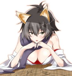 Rule 34 | 1girl, animal ears, arm support, bare shoulders, black hair, breasts, character request, cleavage, fox ears, head rest, large breasts, off shoulder, scarf, solo, strike witches, white background, wide sleeves, witches of africa, world witches series, yuzuyoukan