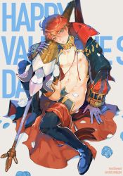 Rule 34 | 1boy, armor, blue eyes, boots, byefrog, character name, cloak, copyright name, crotch plate, eliwood (fire emblem), fire emblem, fire emblem: the blazing blade, happy valentine, highres, lance, looking at viewer, male focus, navel, nintendo, nipples, polearm, red hair, revealing clothes, solo, thigh boots, thighhighs, weapon