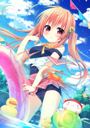 Rule 34 | 1girl, :3, blue one-piece swimsuit, blue sky, blush, breasts, cat, cleavage, clothes pull, cloud, cloudy sky, day, dutch angle, floating hair, flower, hair between eyes, hair flower, hair ornament, hairclip, highres, innertube, long hair, looking at viewer, medium breasts, moe2017, natsuka (unagi-unagi-unagi), one-piece swimsuit, orange hair, original, outdoors, parted lips, pennant, pink skirt, pleated skirt, pool, purple eyes, rubber duck, school swimsuit, school uniform, serafuku, shirt pull, skirt, sky, solo, strap slip, sunflower, swim ring, swimsuit, swimsuit under clothes, thighs, twintails