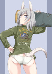 Rule 34 | 1girl, animal ears, ass, aurora e. juutilainen, blue eyes, brave witches, butt crack, clothes writing, commentary request, cowboy shot, from behind, grey hair, grin, hand on own hip, highres, long hair, looking at viewer, looking back, no pants, panties, smile, solo, strike witches, strike witches: aurora no majo, tail, underwear, wan&#039;yan aguda, white panties, world witches series