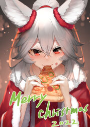 Rule 34 | 1girl, animal ear fluff, animal ears, closed mouth, commentary request, dress, eating, food, fox ears, fur-trimmed dress, fur-trimmed sleeves, fur trim, grey hair, hair between eyes, highres, holding, holding food, long hair, long sleeves, looking at viewer, merry christmas, original, pizza, pizza slice, ponytail, red dress, red eyes, smile, solo, upper body, wide sleeves, yuuji (yukimimi)