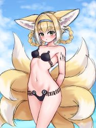 Rule 34 | 1girl, :o, abigail williams (fate), abigail williams (swimsuit foreigner) (fate), abigail williams (swimsuit foreigner) (fate) (cosplay), abigail williams (swimsuit foreigner) (first ascension) (fate), absurdres, animal ear fluff, animal ears, arknights, arms behind back, bikini, black bikini, blonde hair, blue hairband, blue sky, blush, braid, braided hair rings, breasts, cloud, cloudy sky, collarbone, cosplay, day, fate/grand order, fate (series), fox ears, fox girl, fox tail, green eyes, gridman universe, hair rings, hairband, highres, kitsune, kyuubi, looking at viewer, multicolored hair, multiple tails, outdoors, parted lips, rylaera, sky, small breasts, strapless, strapless bikini, suzuran (arknights), swimsuit, tail, twin braids, two-tone hair, white hair