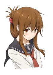 Rule 34 | 1girl, anchor symbol, black sailor collar, brown eyes, brown hair, folded ponytail, inazuma (kancolle), kantai collection, long hair, long sleeves, looking at viewer, neckerchief, red neckerchief, sailor collar, school uniform, serafuku, shirt, simple background, smile, solo, suien, upper body, white background, white shirt